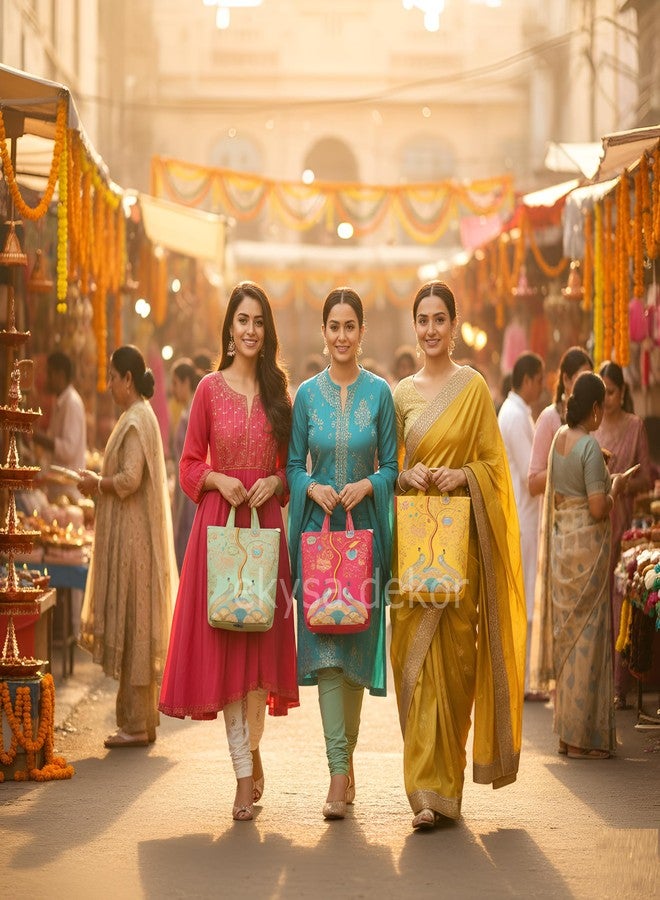 ekysa dekor Women Handbag with Double Pocket and Zip, More Design Multipurpose Handbags For Daily Errands, Temple Visits, Gifting, or Pairing with Sarees[Multicolor, 9X8x3 Inch, Pack Of 6] - Image 5